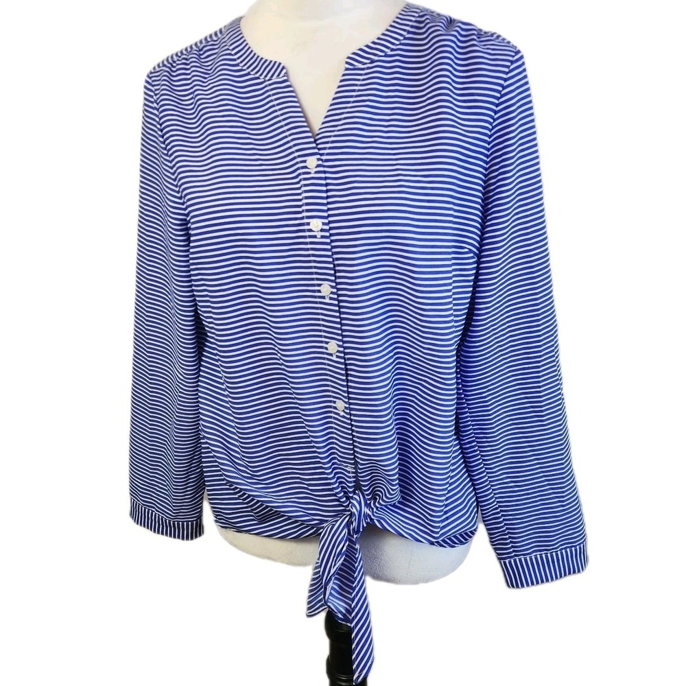 Talbots Petites Top Womens Large LP Blue Stripe Tie Front Nautical Coastal Shirt